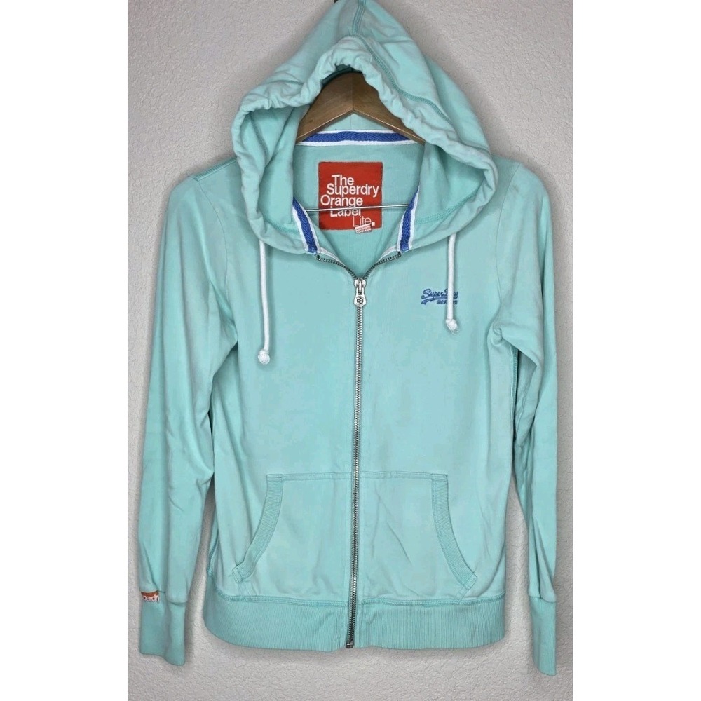 Superdry Women M Orange Label Lite Full Zip Hooded Jacket Y2K Teal Lounge Logo